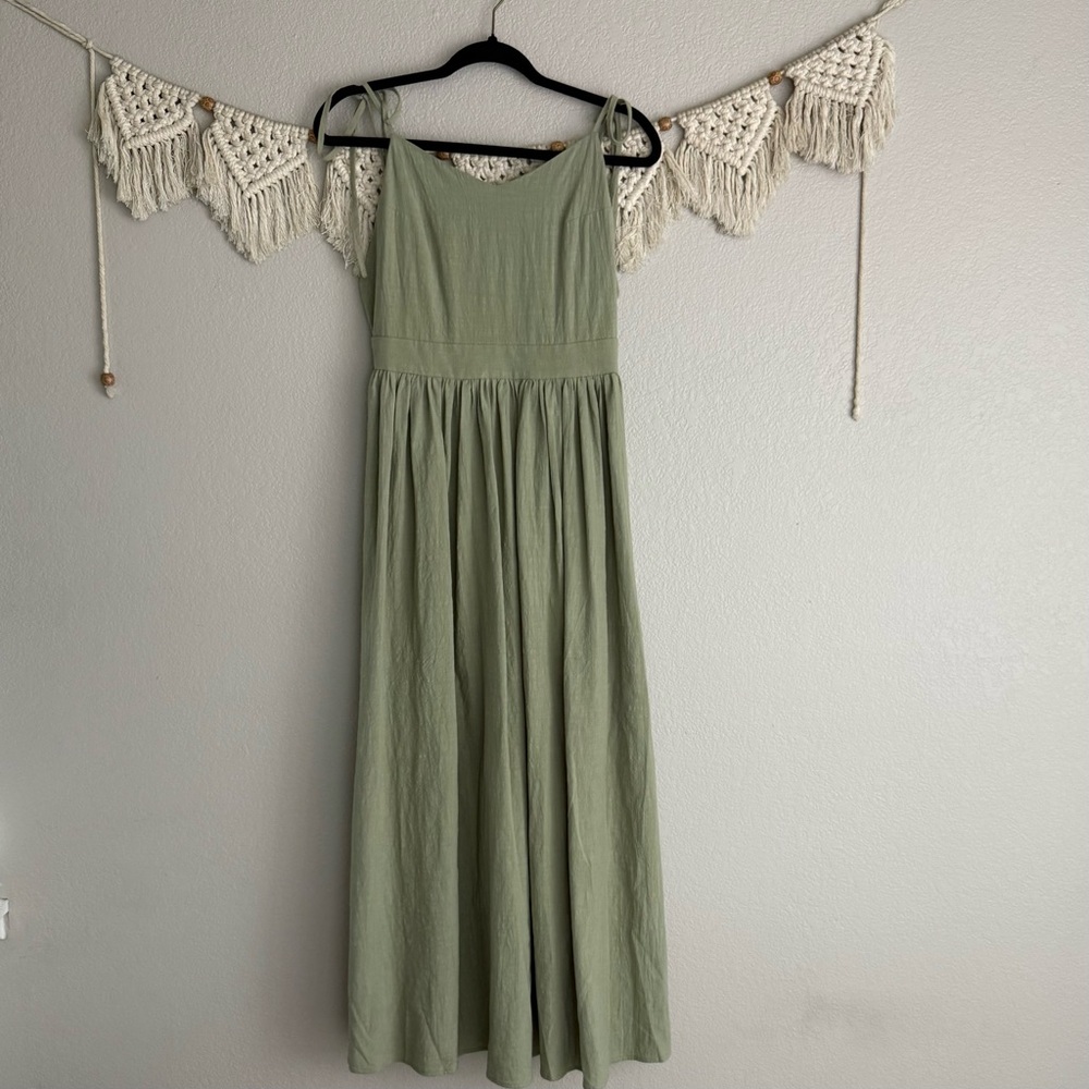 Commense Green Cotton‎ Linen Lace Up Dress